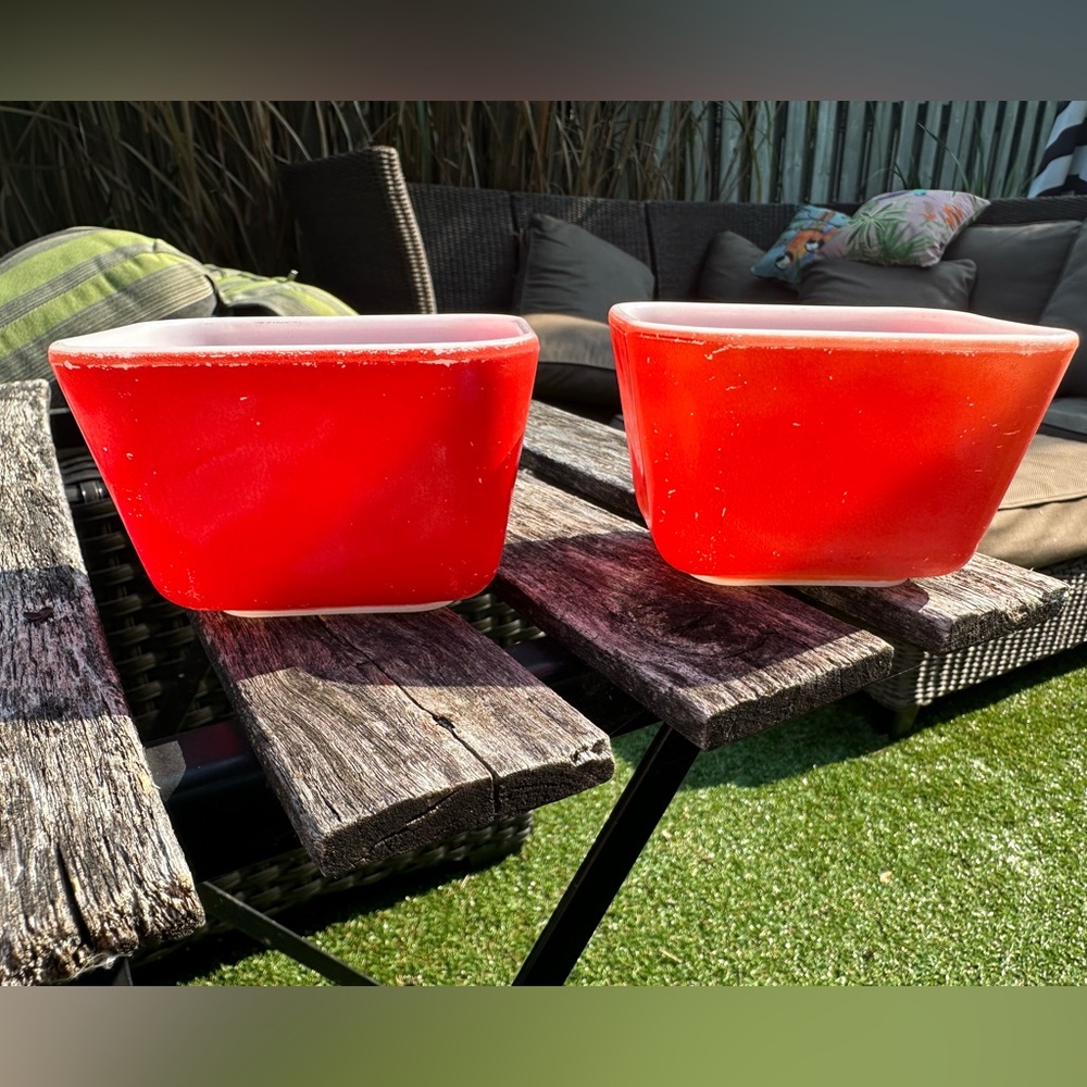 2 Vintage Pyrex Red Refrigerator Dishes